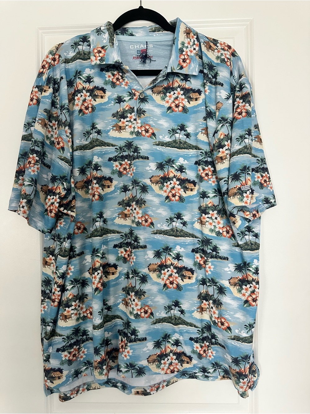 Chaps Light Blue Hawaiian Camp Collar Polo with Tropical Floral Print